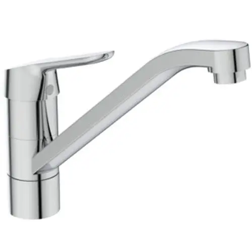Ein moderner, glänzender Küchenwasserhahn mit einem eleganten, geschwungenen Auslauf und einem ergonomischen Hebel.